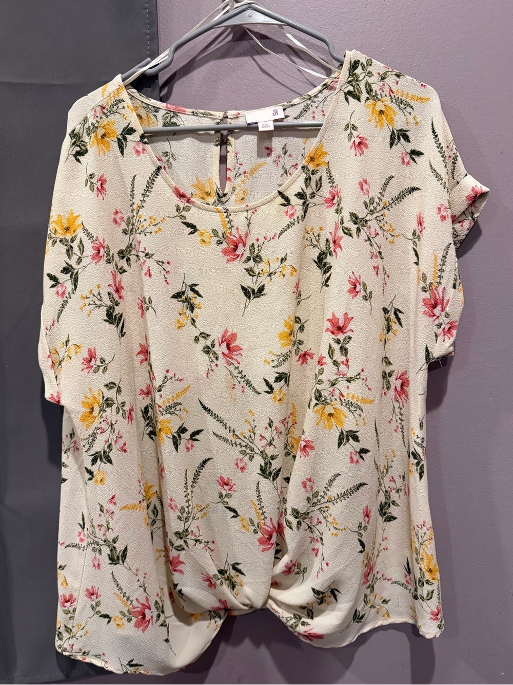 Floral Twist-Front Women’s Top - Cream with Pink & Yellow Flowers